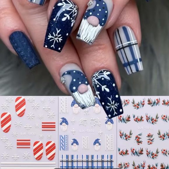 NWT ❄️☃️❄️ 5D EMBOSSED WINTER GNOME PRINT NAIL ART SELF ADHESIVE DECALS STICKERS - Picture 2 of 5